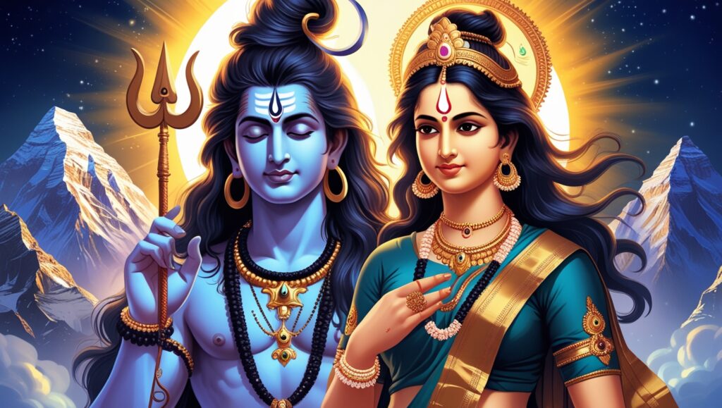 Lord Shiva and Goddess Parvati’s sacred union, beautifully illustrated with Mount Kailash in the background, representing the divine significance of Mahashivaratri.